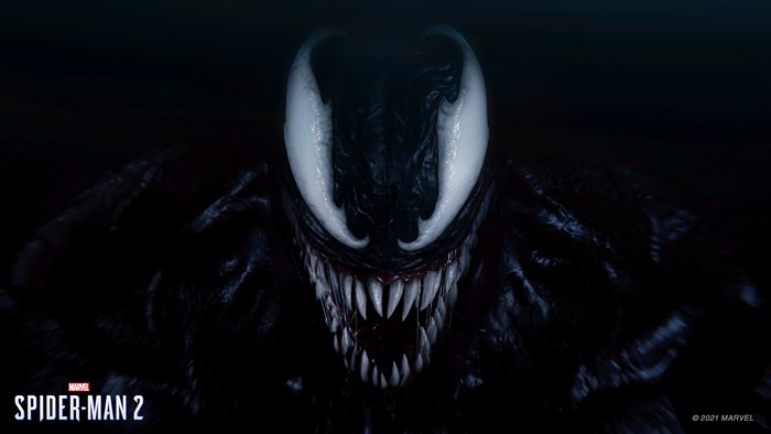 Venom's menacing face from Marvel's Spider-Man 2