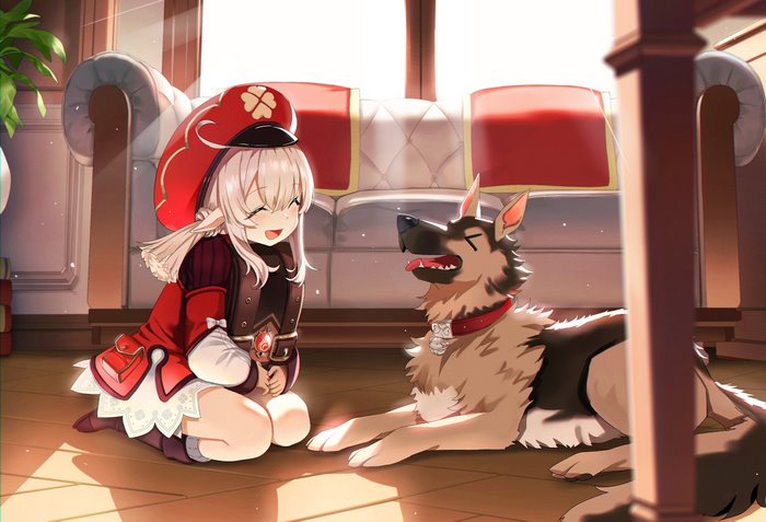 Klee (Genshin Impact) with a happy dog