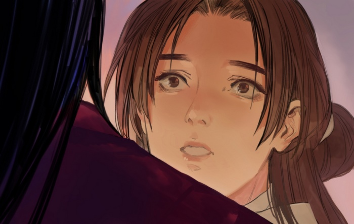 Xie Lian's emotional gaze in a warm embrace