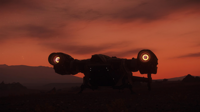 Star Citizen Spaceship with Glowing Lights on Red Planet