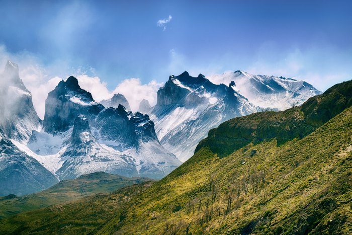 Stunning Torres Del Paine Peaks and Green Hills