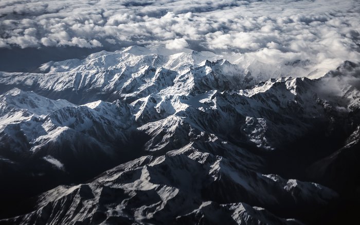 Dramatic aerial view of the Alps mountains