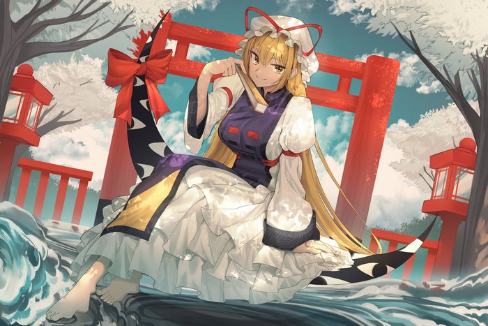 Yukari Yakumo relaxing by the torii gates and water