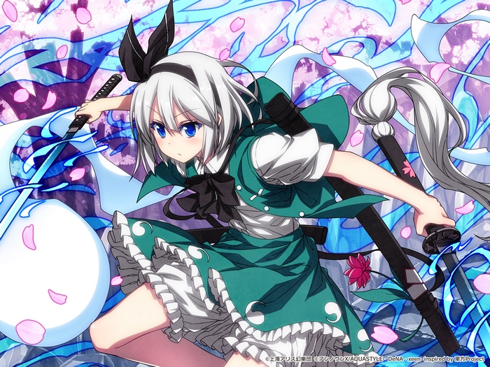 Youmu Konpaku Wielding Katanas Amidst Cherry Blossoms