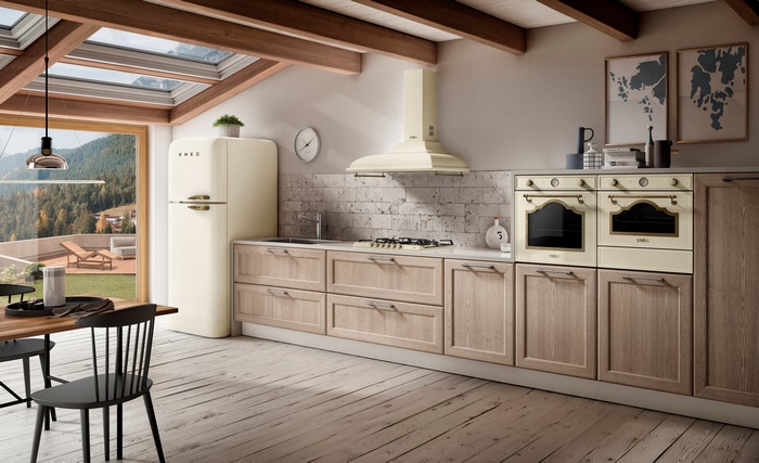 Rustic Kitchen with Cream Smeg Appliances and Mountain View