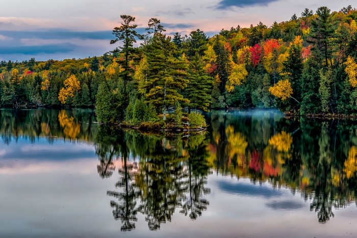 Vibrant Autumn Forest and Island Reflection