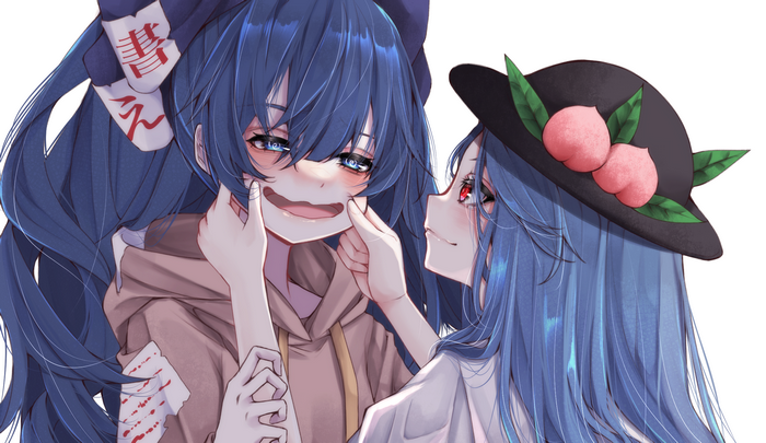 Tenshi Hinanawi forces a smile on Shion Yorigami