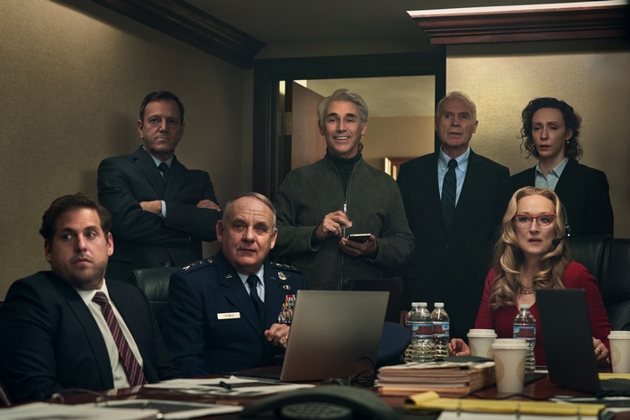 Don't Look Up cast in a meeting room