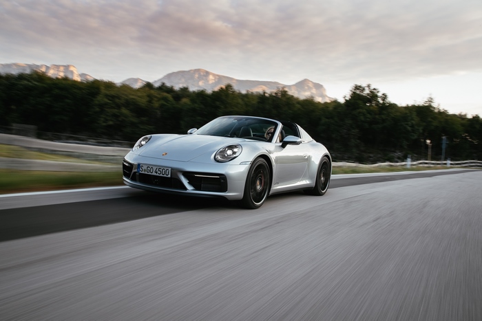Porsche 911 Targa 4 GTS sport car on scenic road