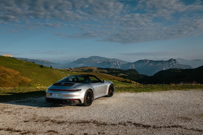 Porsche 911 Targa 4 GTS overlooking stunning mountain vista