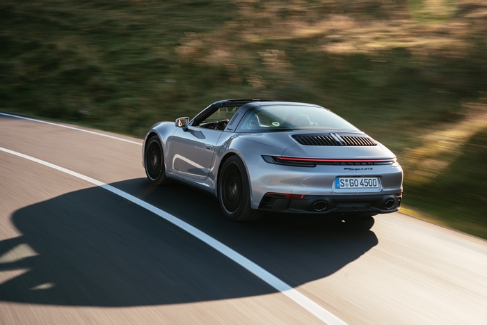 Silver Porsche 911 Targa 4 GTS Sport Car Driving
