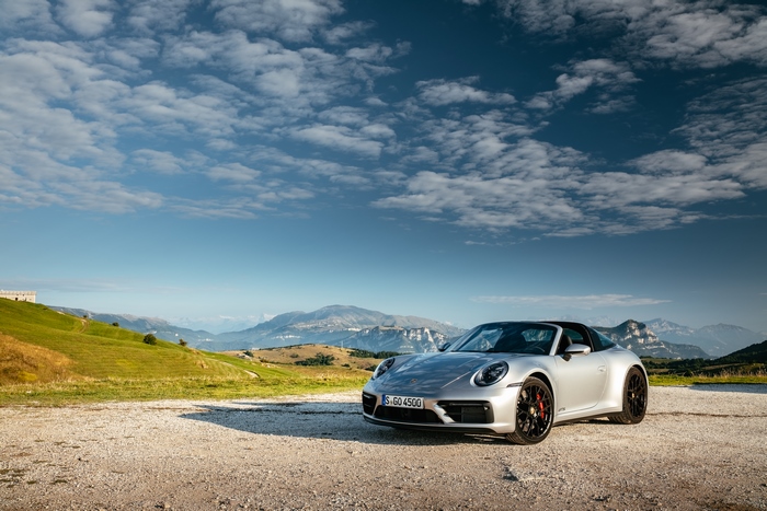 Porsche 911 Targa 4 GTS sport car in mountains