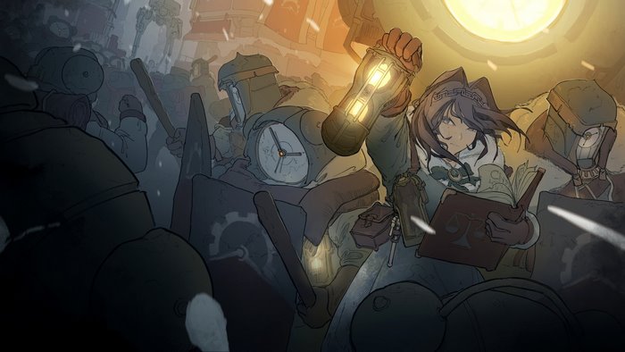 Ouro Kronii with glowing lantern and clockwork figures in Frostpunk