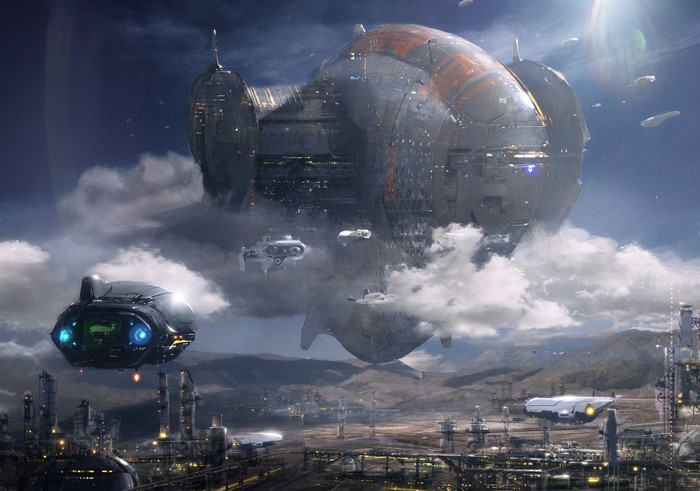 Massive Spaceship Refueling Above Futuristic City