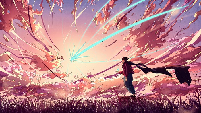 Person connects with a shooting star in a vibrant sky