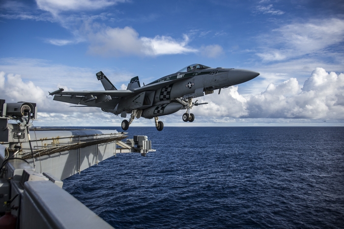 Boeing F/A-18E/F Super Hornet launching from aircraft carrier