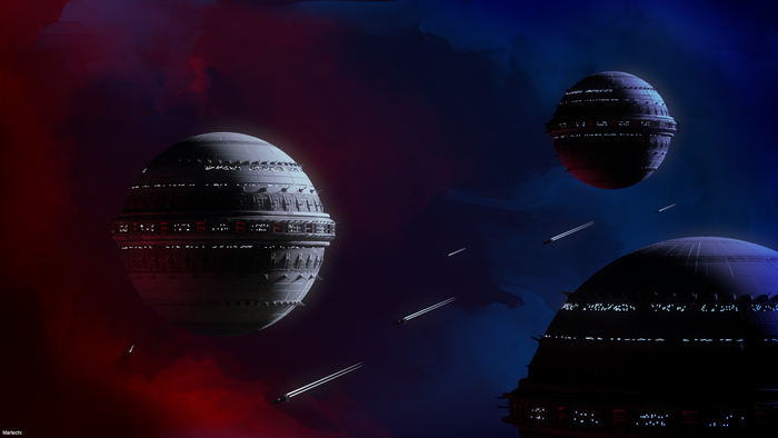 Perry Rhodan Kugelraumer fleet in cosmic nebula