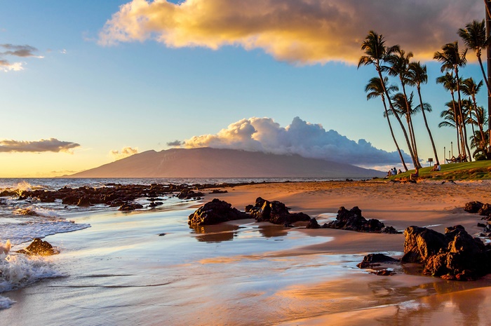 Stunning Beach Sunset with Mountain and Palm Trees