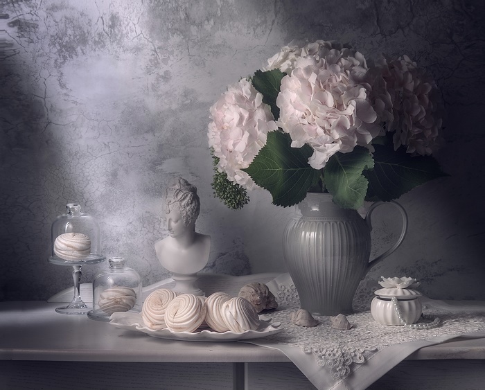 Delicate Still Life with Hydrangeas and Meringues