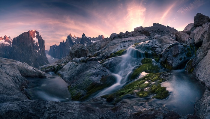Dramatic Fjord and Stream Landscape at Sunset