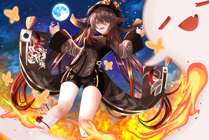 Genshin Impact Hu Tao with Ghost and Fire