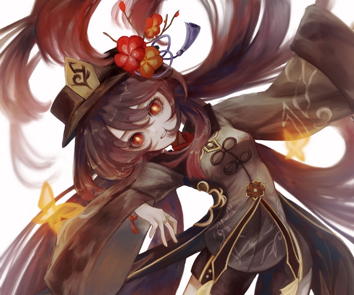Genshin Impact Hu Tao with fiery eyes and butterflies