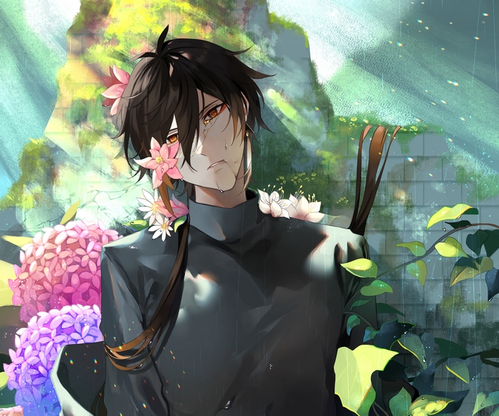 Zhongli with Flowers in the Rain