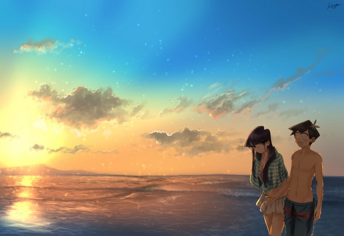 Komi Shouko and Hitohito Tadano beach sunset