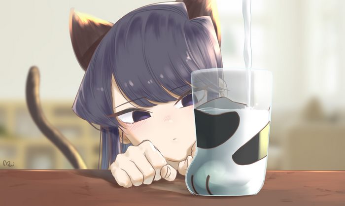 Komi Shouko Contemplating with Glass of Milk
