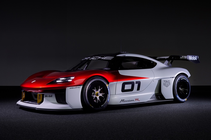 Red and White Porsche Mission R Electric Race Car