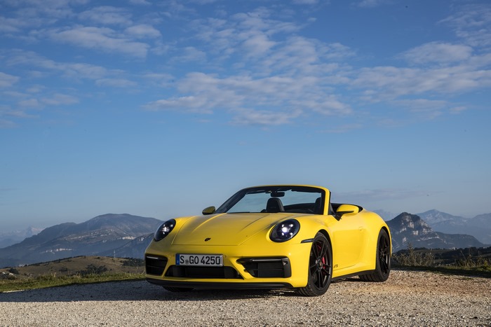 Yellow Porsche 911 Carrera GTS Cabriolet in Mountains 4K