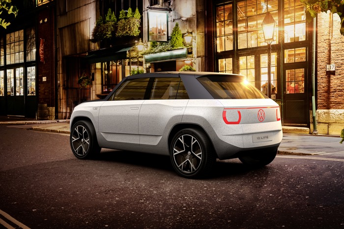 Volkswagen I.D. LIFE electric concept car on illuminated street