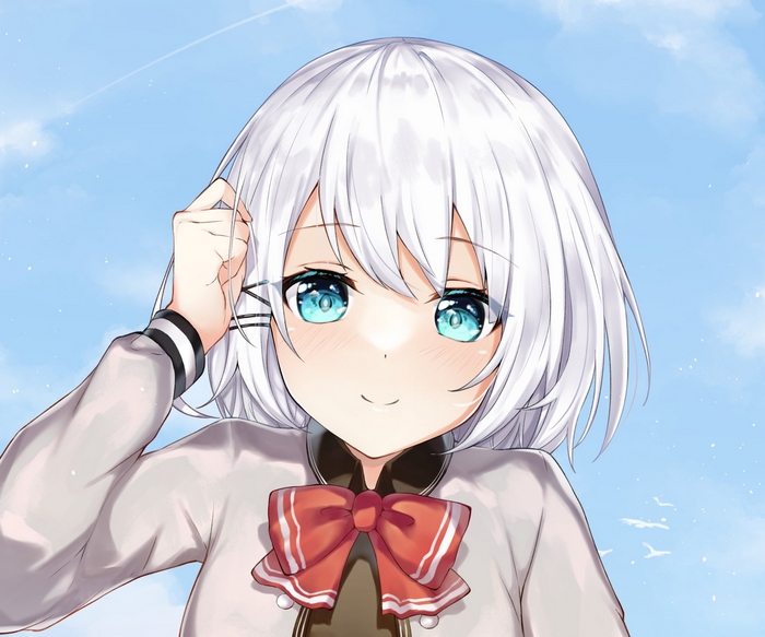 Siesta smiling with white hair and blue eyes