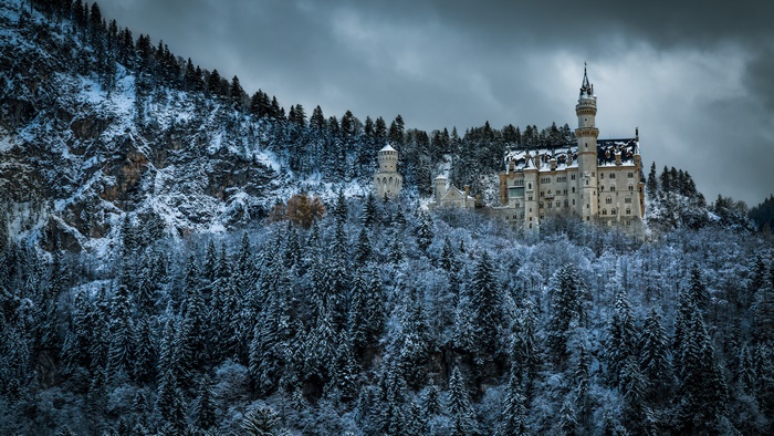 Neuschwanstein Castle nestled in a snowy winter forest