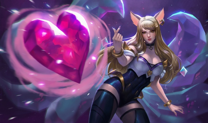 Ahri League of Legends making finger heart with glowing heart