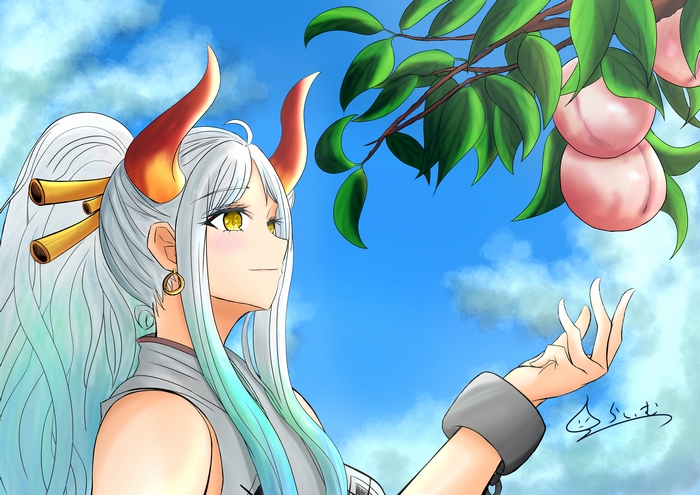 Yamato with Long Hair and Horns Reaching for Fruit