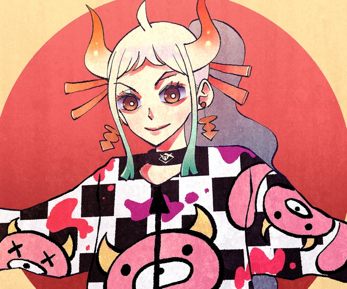Yamato from One Piece with horns and pink monster shirt