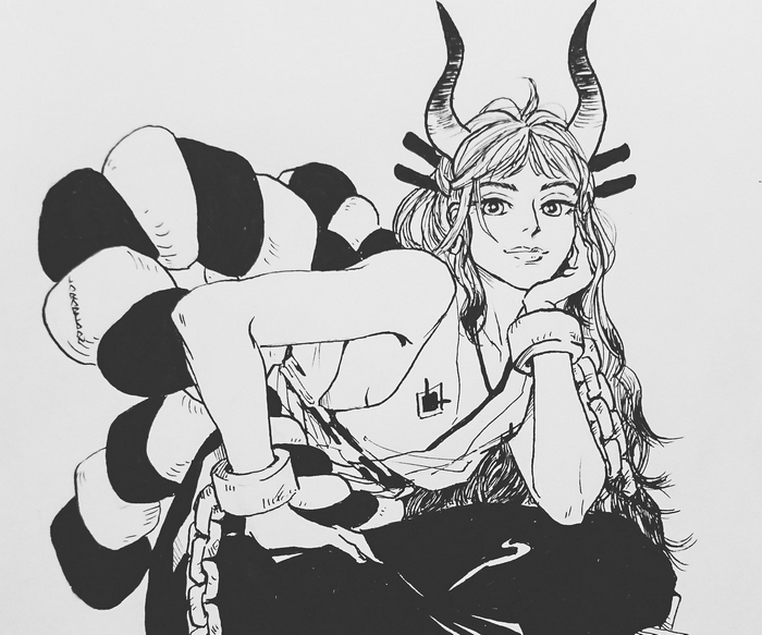 Yamato (One Piece) smiling black and white drawing