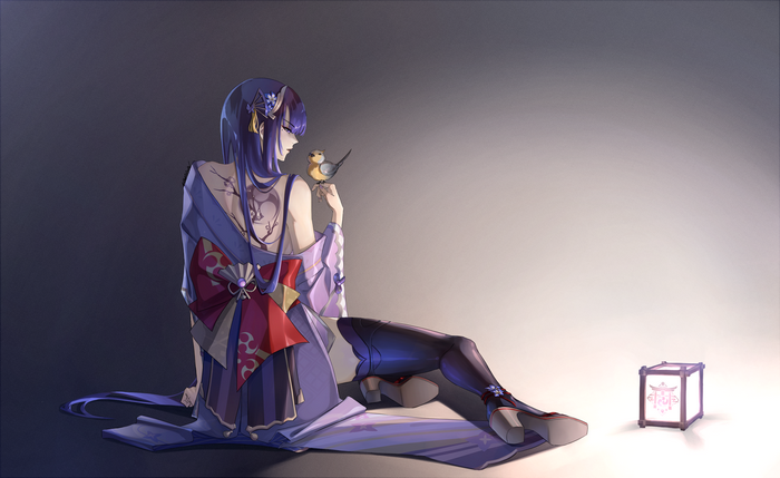 Baal Raiden Shogun sitting with a bird and lantern