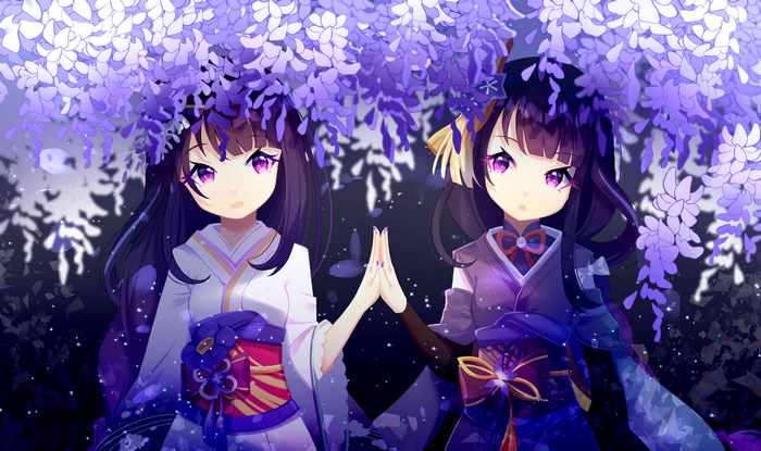Raiden Makoto and Baal Raiden Shogun under wisteria