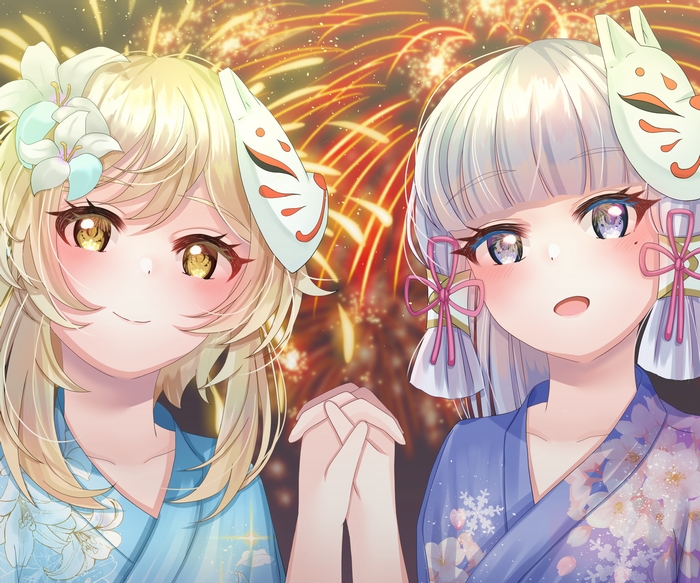 Genshin Impact Lumine and Ayaka holding hands at fireworks festival