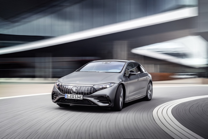 Mercedes-AMG EQS 53 electric luxury car turning on road