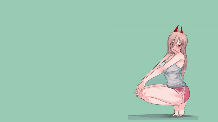 Power (Chainsaw Man) squatting in tank top and shorts