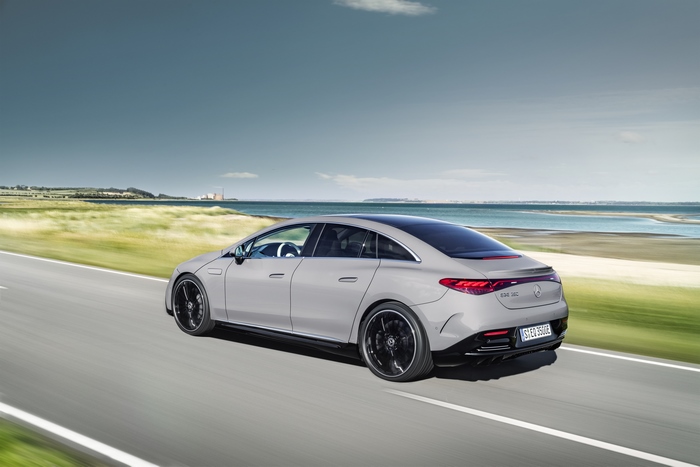 Mercedes-Benz EQE 350 Electric Car on Coastal Road