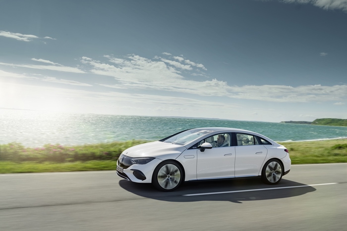 Mercedes-Benz EQE 350 Electric Car Driving by the Ocean
