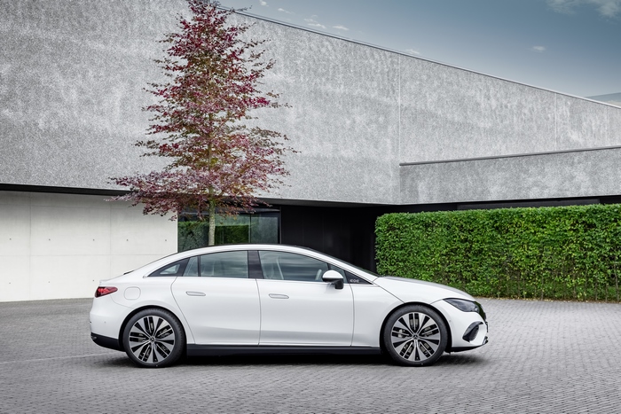 White Mercedes-Benz EQE 350 Electric Art Line luxury car