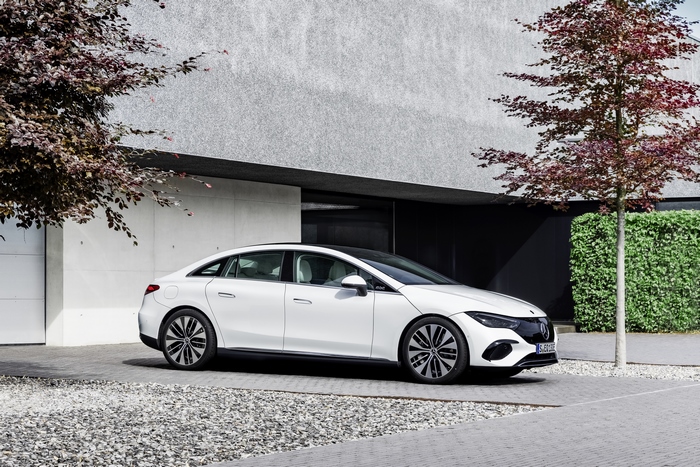 White Mercedes-Benz EQE 350 Electric Art Line luxury car