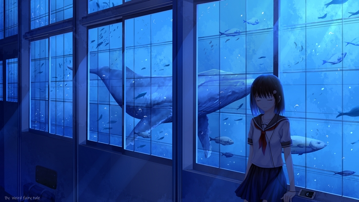 School girl and whale in blue underwater world