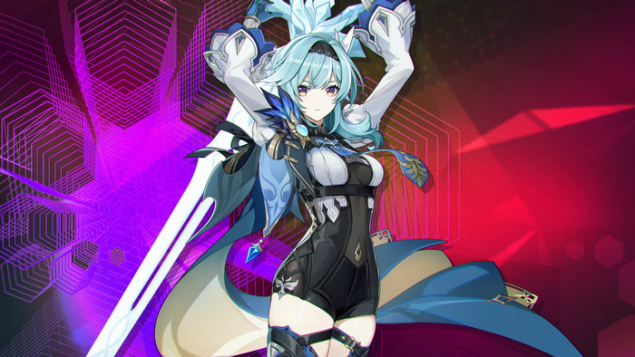 Tech Eula wielding sword in geometric background