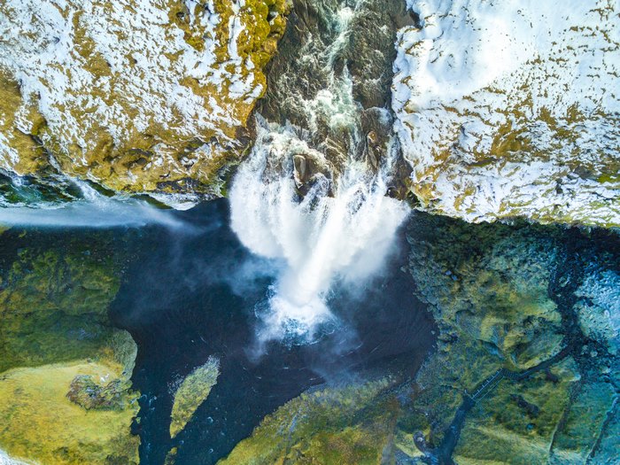Aerial View of Seljalandsfoss Waterfall in Winter 4K
